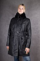 Кожаная куртка женская черная с меховым воротником и поясом Conbipel Vera Pelle, размер 48-50 в интернет-магазине todalamoda